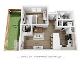 A 3D floor plan of a house with a kitchen, living room, and bathroom.