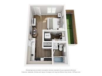 A 3D floor plan of a small apartment with a kitchen, living room, and bathroom.