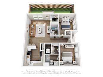A 3D floor plan of a small apartment with a kitchen, living room, and bathroom.