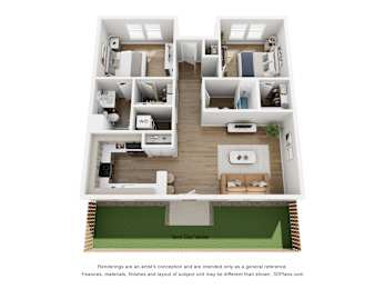 A 3D floor plan of a house with a kitchen, living room, and two bedrooms.