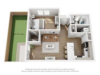 A 3D floor plan of a house with a kitchen, living room, and bathroom.