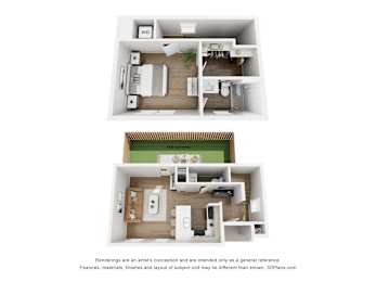 A floor plan of a small apartment with two bedrooms and a living area.
