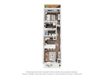 A 3D floor plan of a house with a kitchen, living room, and bathroom.