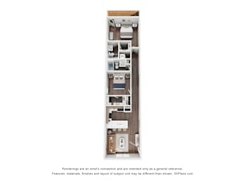 A 3D floor plan of a house with multiple rooms and furniture.
