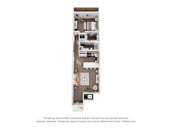 A 3D floor plan of a house with a kitchen, living room, and two bedrooms.