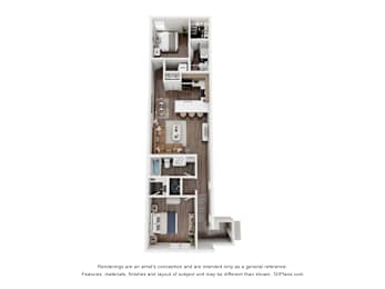 A 3D floor plan of a house with a kitchen, living room, and bathroom.