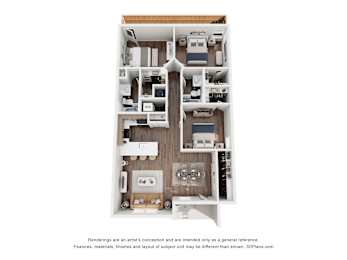 A 3D floor plan of a house with labeled rooms.