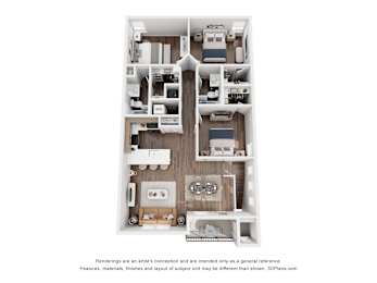 A 3D floor plan of a house with labeled rooms.