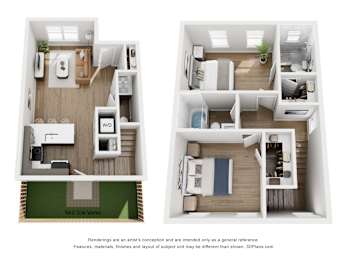A floor plan of a small apartment with a kitchen, living room, and bedroom.