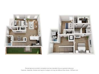 Two images of a floor plan for a small apartment.