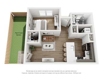A 3D floor plan of a house with a kitchen, living room, and bathroom.
