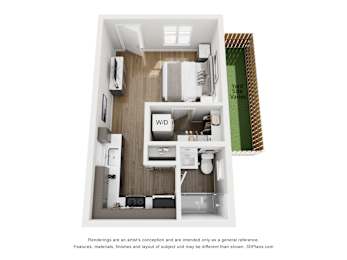 A 3D floor plan of a small apartment with a kitchen, living room, and bathroom.