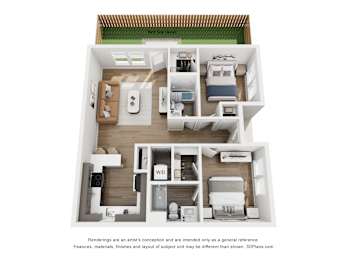 A 3D floor plan of a small apartment with a kitchen, living room, and bedroom.