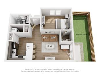 A 3D floor plan of a house with a kitchen, living room, and bathroom.