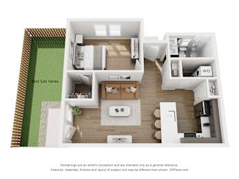 A 3D floor plan of a house with a kitchen, living room, and bathroom.