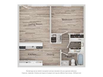 A 3D floor plan of a house with labeled rooms.