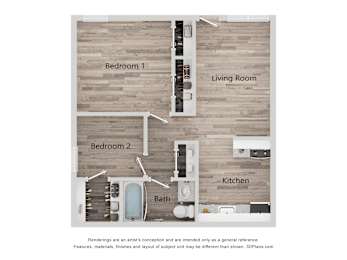 A floor plan of a house with two bedrooms, a living room, a kitchen, and a bathroom.