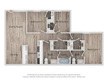 A floor plan of a house with three bedrooms and a kitchen.