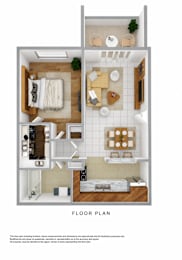 A floor plan of a small apartment with a living room, kitchen, and bathroom.