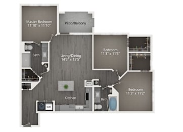 A floor plan of a house with a master bedroom, a living/dining area, a kitchen, a patio/balcony, and two bathrooms.