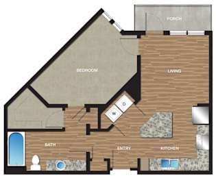 A floor plan of a house with a porch, living room, kitchen, bathroom, and bedroom.