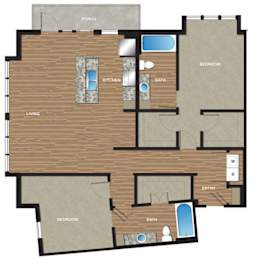 A floor plan of a house with a porch, two bedrooms, a living room, a kitchen, a bath, and an entry.