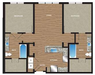 A floor plan of a house with two bedrooms, a living room, a kitchen, a bathroom, and a dining area.