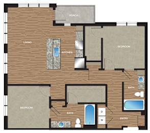 A floor plan of a house with a kitchen, two bedrooms, a bathroom, and a porch.