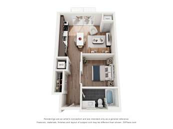 A 3D floor plan of a small apartment with a kitchen, living room, and bathroom.
