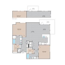 A floor plan of a house with two bedrooms, a living area, a dining area, a bathroom, a kitchen, a laundry area, and a garage.