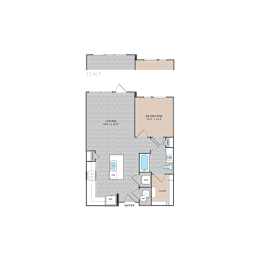 A floor plan of a living area with a bedroom and bathroom.