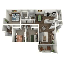 A 3D floor plan of a house with multiple rooms and furniture.