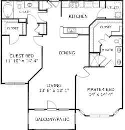 A black and white image of a house floor plan with a guest bed, a living area, a dining area, a kitchen, a master bed, and a balcony.