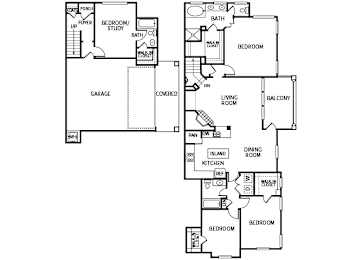 A floor plan of a house with a garage, two bedrooms, a living room, a dining room, a kitchen, a study, a bathroom, and a foyer.