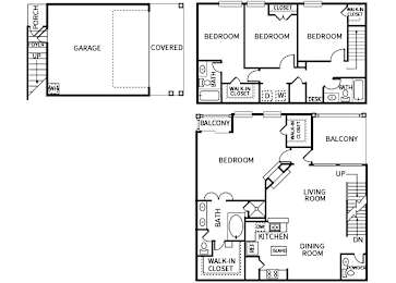A floor plan of a house with a garage, three bedrooms, a living room, a dining room, a powder room, a kitchen, and a balcony.