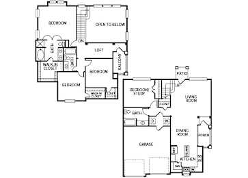 A floor plan of a house with two bedrooms, a living room, a dining room, a kitchen, a garage, and a bathroom.