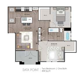 A floor plan of a two bedroom apartment with one bathroom.