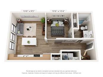 A 3D floor plan of a small apartment with a kitchen, living room, and bedroom.