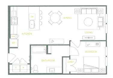 A floor plan of a house with a kitchen, living room, dining room, bedroom, bathroom, and closet.
