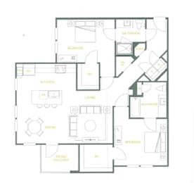 A floor plan of a house with a kitchen, living room, dining room, and multiple bedrooms.