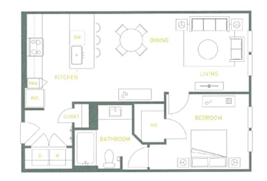 A floor plan of a house with labeled rooms such as kitchen, living room, and bathroom.