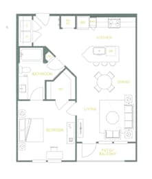 A floor plan of a house with a kitchen, dining, living room, bathroom, bedroom, and patio/balcony.