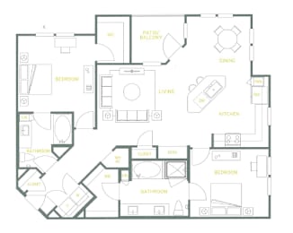 A floor plan of a house with labeled rooms such as kitchen, living room, and bathroom.