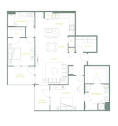 A floor plan of a house with labeled rooms such as Bathroom, Kitchen, Dining, Living room, Bedroom, Patio/Balcony, and Bathroom.