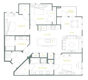 A floor plan of a house with labeled rooms such as bedrooms, a kitchen, and a living room.