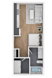 A top down view of a modern kitchen with a dining table and chairs.