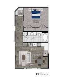 A floor plan of a one bedroom apartment with a living room and a kitchen.