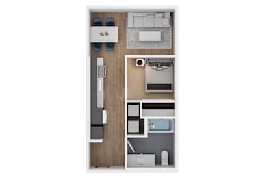 A floor plan of a small apartment with a kitchen, living room, and bathroom.