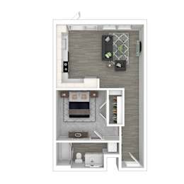 A top-down view of a small apartment with a kitchen, living room, and bathroom.