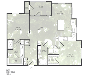 A floor plan of a home with a dining room, kitchen, and two bathrooms.